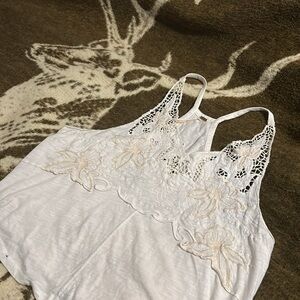 FP white and cream embroidered tank top with floral designs throughout large
